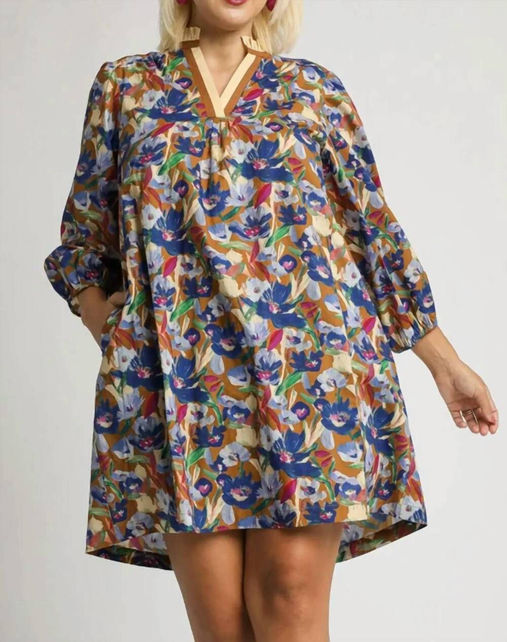 NEW UMGEE floral v-neck balloon sleeve dress in brown